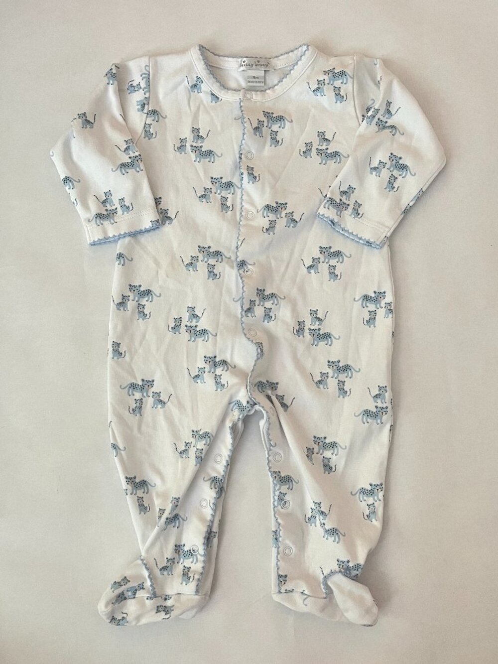 Kissy Kissy Onesie Blue Jaguar Print with Ruffle Stitching 9m